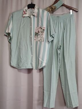 Vintage Windridge Mervyn's Rayon Pant Set Seafoam Green Polka Dot Striped Floral